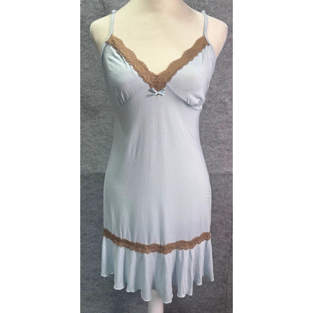 VTG 2006 Victoria's Secret Angles Size M Baby Blue Brown Lace Slip Dress Y2K HTF